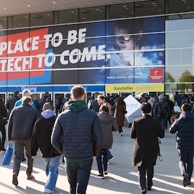 Hannover Messe entrance with visitors flooding in